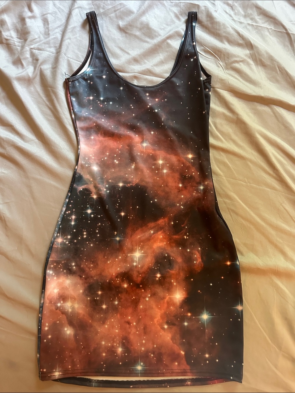 Blackmilk Galaxy-Print Mini Dress in Black and Orange